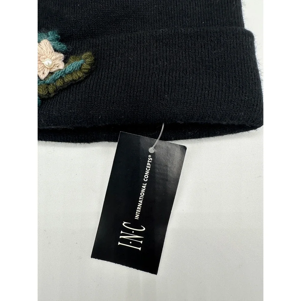 INC International Concepts Beanie Womens OS Black NEW Floral Embellished Jewel